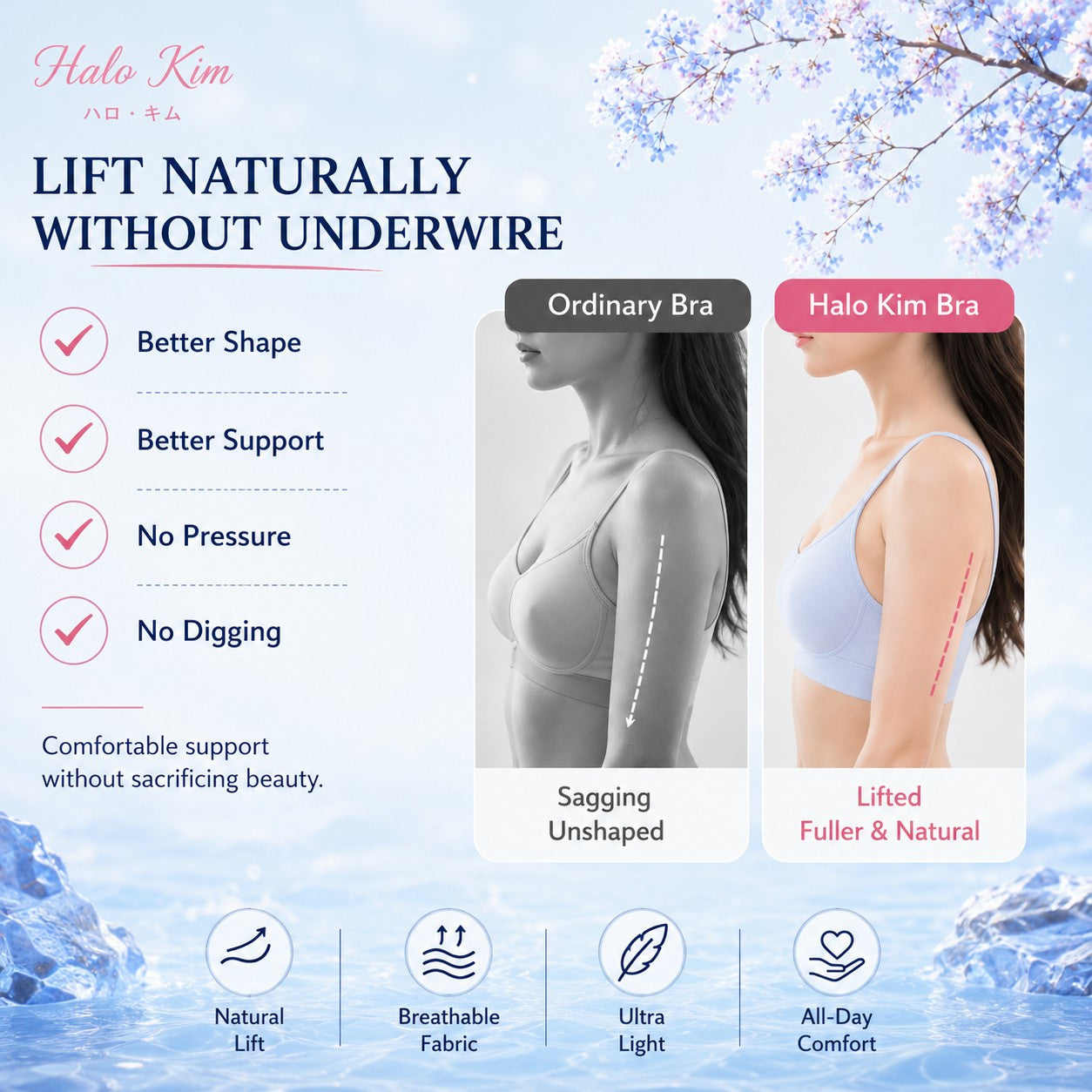 HaloKim Seamless thin-strapped bra, soft and skin-friendly, lightweight and breathable, with comfortable support without underwire.